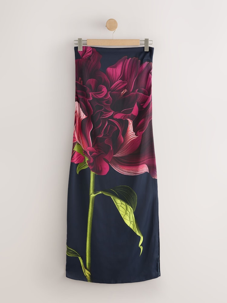 Navy Floral Print Bandeau Column Maxi Occasion Dress - Image 1 of 3