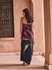 Navy Floral Print Satin Bandeau Column Maxi Occasion Dress - Image 4 of 8