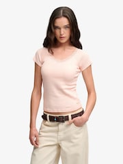 Superdry Pink Ath Ess Lace Trim V-Neck T-Shirt - Image 1 of 7