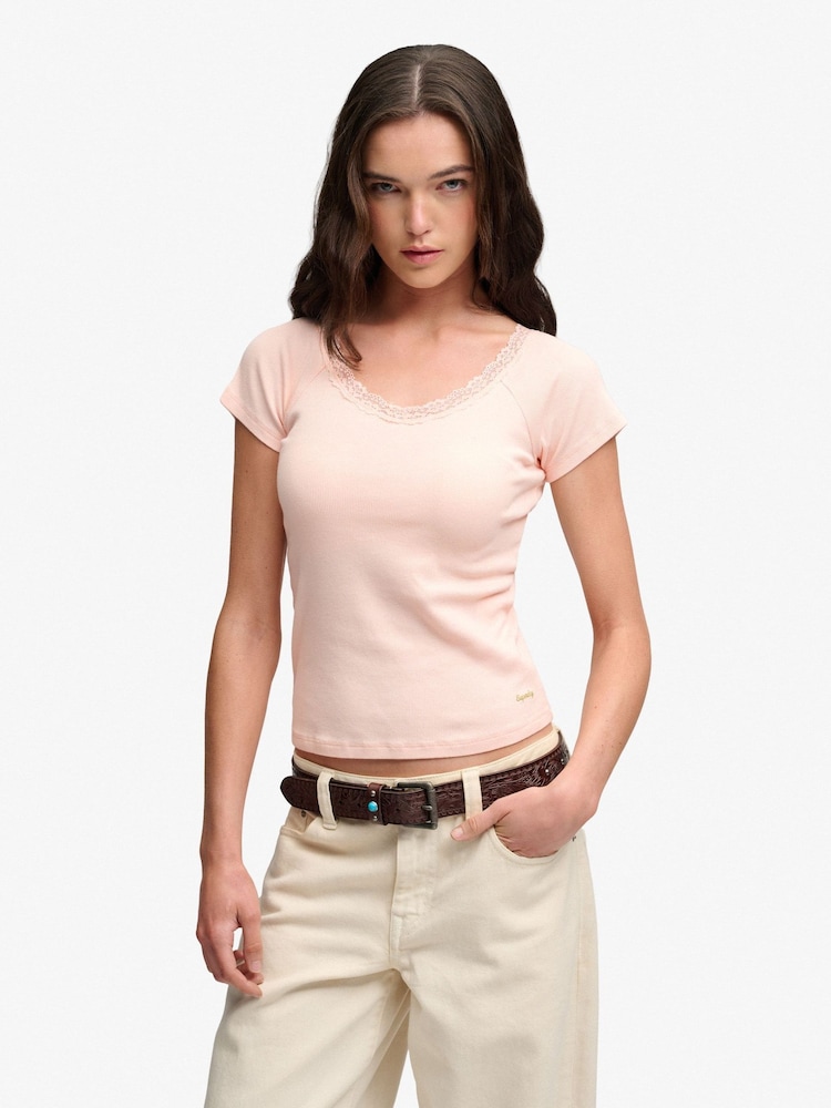 Superdry Pink Ath Ess Lace Trim V-Neck T-Shirt - Image 1 of 7