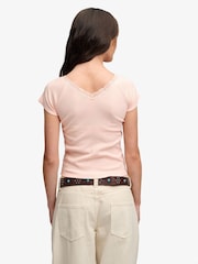 Superdry Pink Ath Ess Lace Trim V-Neck T-Shirt - Image 2 of 7