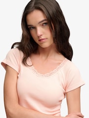 Superdry Pink Ath Ess Lace Trim V-Neck T-Shirt - Image 4 of 7