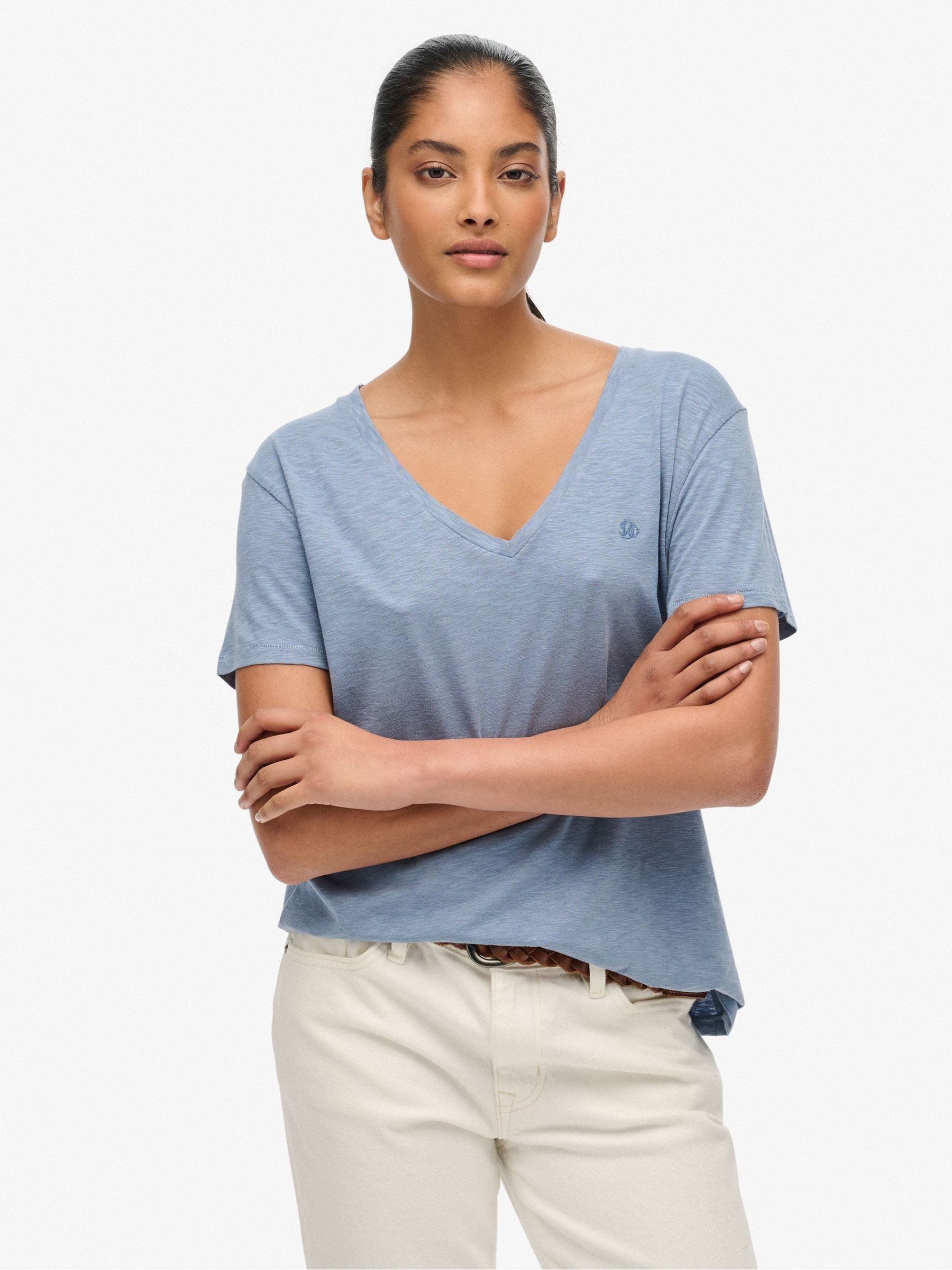 Superdry Women's Sky Blue Slub Embroidered V-Neck T-Shirt - Image 1