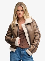 Superdry Dark Brown Faux Shearling Jacket - Image 1 of 8