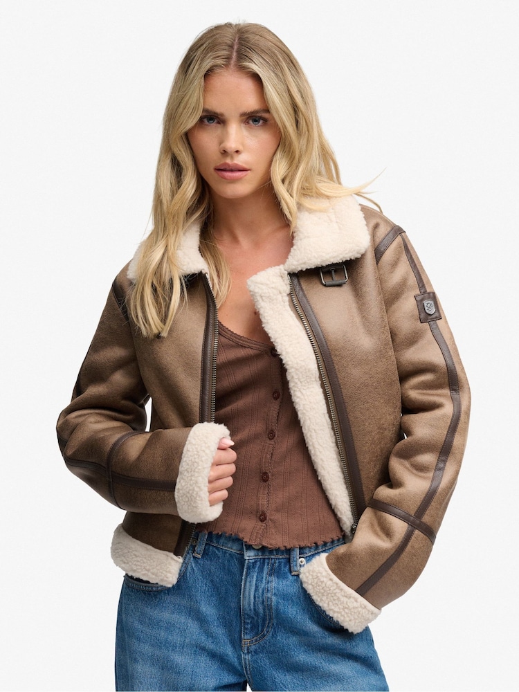 Superdry Dark Brown Faux Shearling Jacket - Image 1 of 8