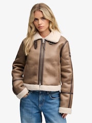 Superdry Dark Brown Faux Shearling Jacket - Image 3 of 8