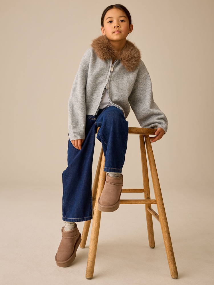 Grey Fur Collar Knitted Bomber Cardigan (3-16yrs) - Image 2 of 4