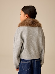 Grey Fur Collar Knitted Bomber Cardigan (3-16yrs) - Image 3 of 4