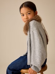Grey Fur Collar Knitted Bomber Cardigan (3-16yrs) - Image 4 of 4