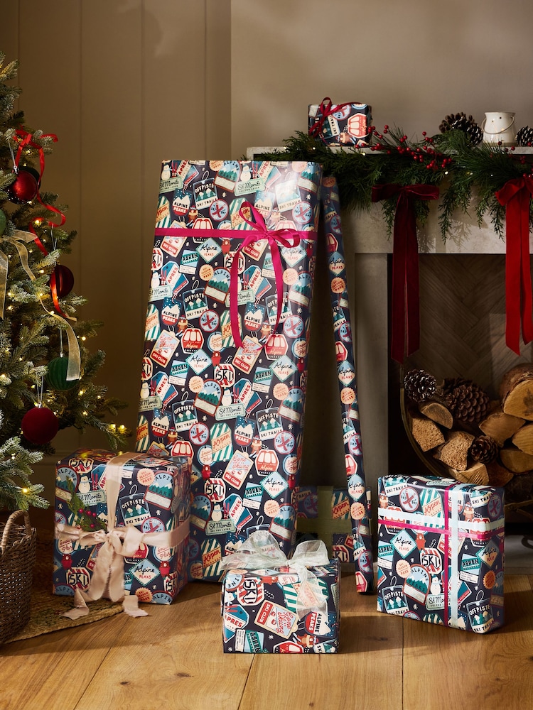 Navy Blue Ski Badges Extra Wide 10M Christmas Wrapping Paper - Image 1 of 4 Navy Blue Ski Badges Extra Wide 10M Christmas Wrapping Paper - Image 1 of 4