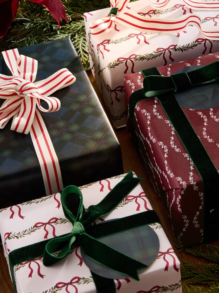 Set of 3 Red and Green Tartan Foliage Christmas Wrapping Paper Luxury Set of 3, 3m Gift Tags and Ribbons Set - Image 2 of 4