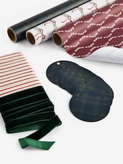 Set of 3 Red and Green Tartan Foliage Christmas Wrapping Paper Luxury Set of 3, 3m Gift Tags and Ribbons Set - Image 3 of 4
