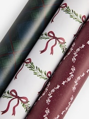 Set of 3 Red and Green Tartan Foliage Christmas Wrapping Paper Luxury Set of 3, 3m Gift Tags and Ribbons Set - Image 4 of 4