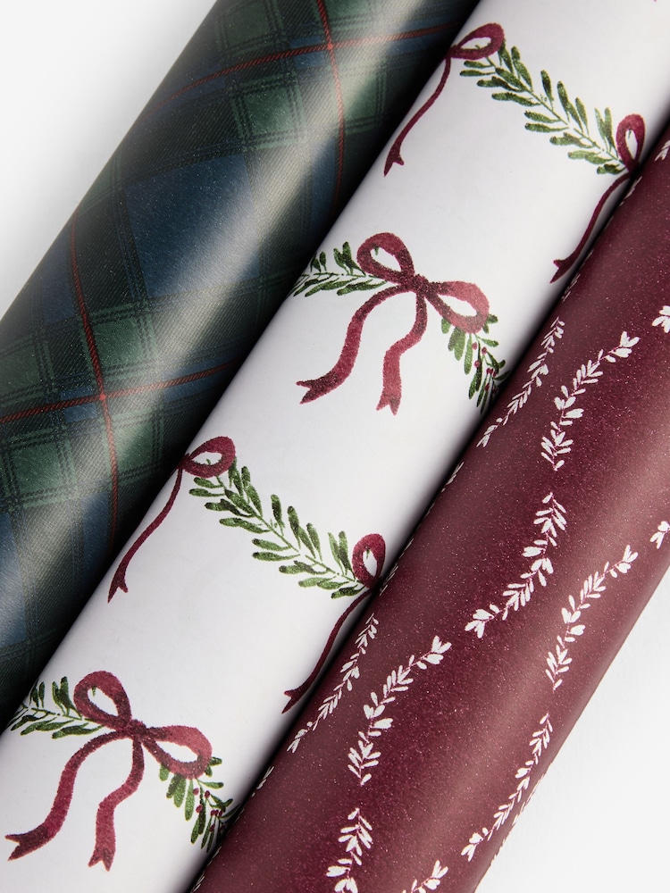 Set of 3 Red and Green Tartan Foliage Christmas Wrapping Paper Luxury Set of 3, 3m Gift Tags and Ribbons Set - Image 4 of 4