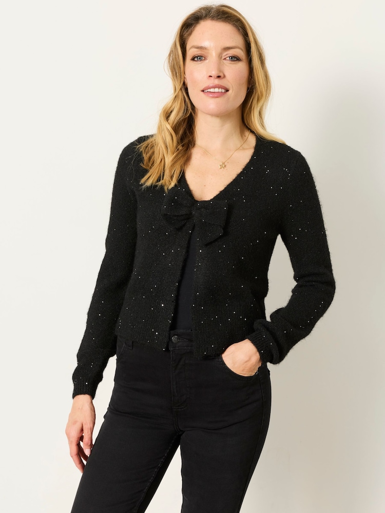 FatFace Black Sparkle Bow Front Cardigan - Image 1 of 7 FatFace Black Sparkle Bow Front Cardigan - Image 1 of 7