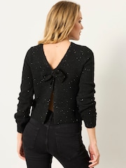 FatFace Black Sparkle Bow Front Cardigan - Image 5 of 7