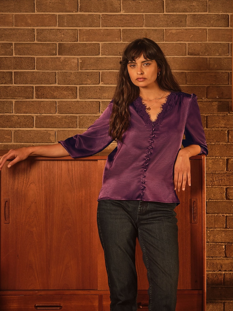 FatFace Betty Wine Lace Trim Blouse - Image 1 of 6 FatFace Betty Wine Lace Trim Blouse - Image 1 of 6