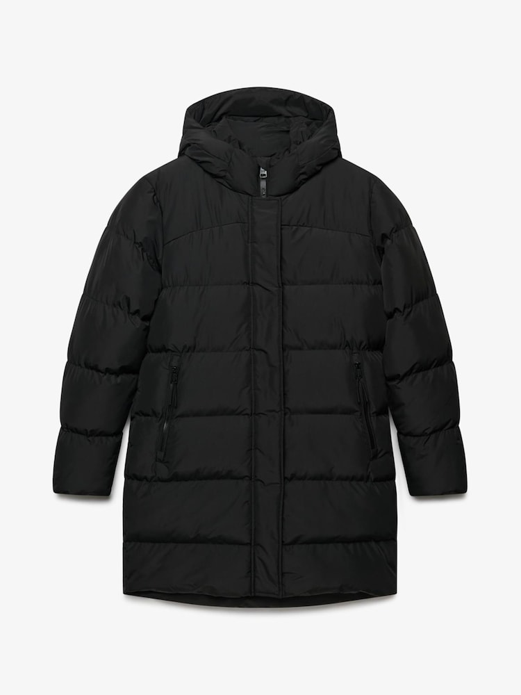Superdry Black Hooded Sports Puffer Mid Length Jacket - Image 1 of 2 Superdry Black Hooded Sports Puffer Mid Length Jacket - Image 1 of 2