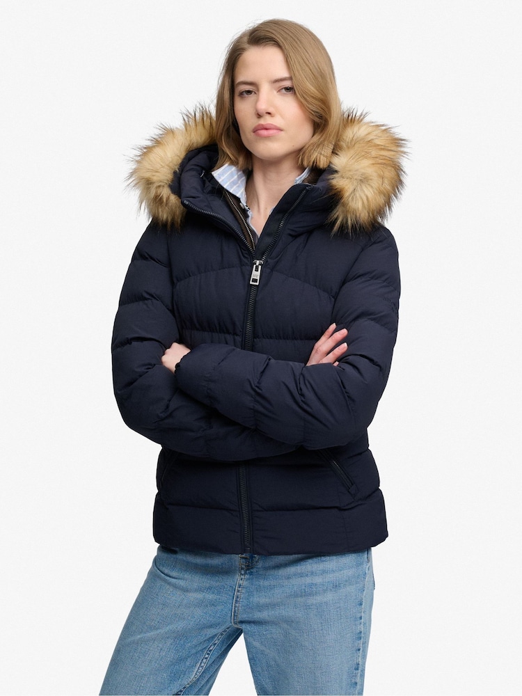 Superdry Blue Hood Faux Fur Fuji Padded Jacket - Image 1 of 8 Superdry Blue Hood Faux Fur Fuji Padded Jacket - Image 1 of 8