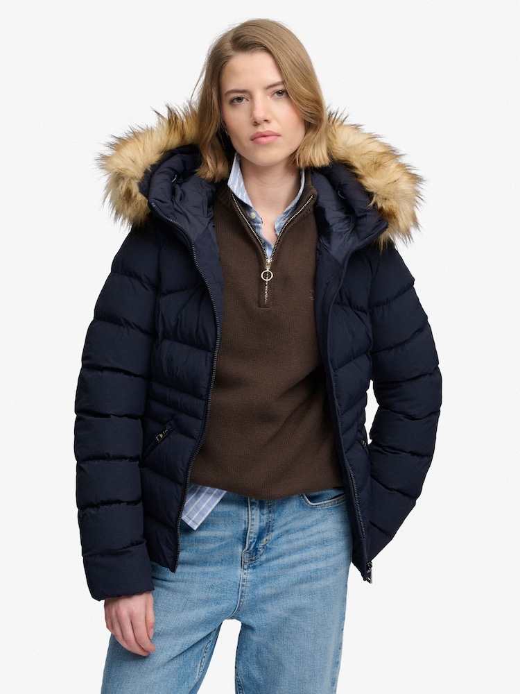 Superdry Blue Hood Faux Fur Fuji Padded Jacket - Image 2 of 8 Superdry Blue Hood Faux Fur Fuji Padded Jacket - Image 2 of 8