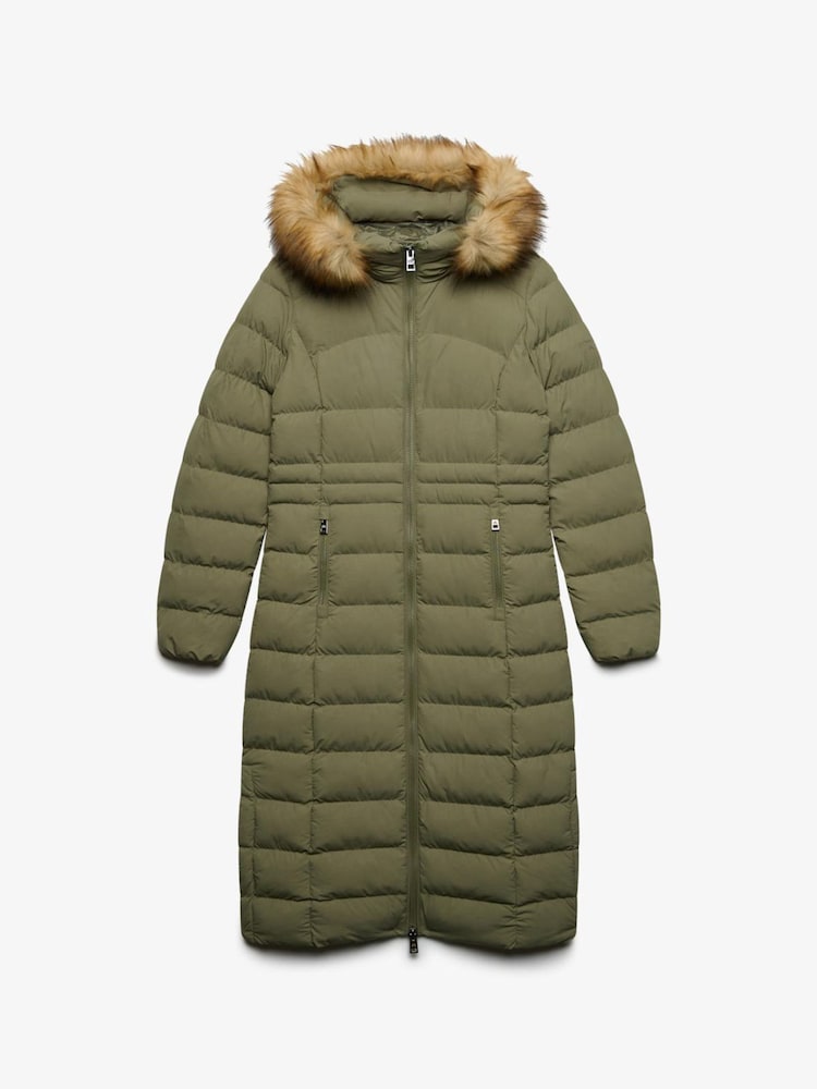 Superdry Green Hooded Faux Fur Fuji Longline Jacket - Image 1 of 1