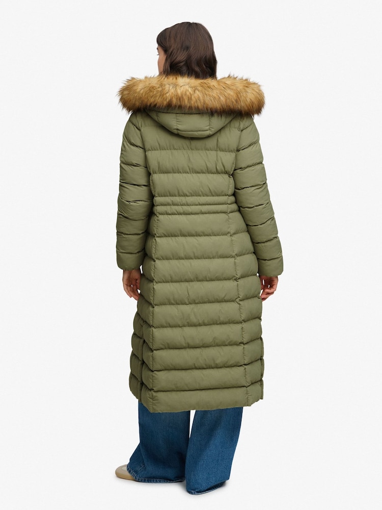 Superdry Green Hooded Faux Fur Fuji Longline Jacket - Image 2 of 8