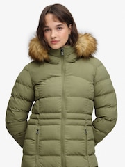 Superdry Green Hooded Faux Fur Fuji Longline Jacket - Image 3 of 8