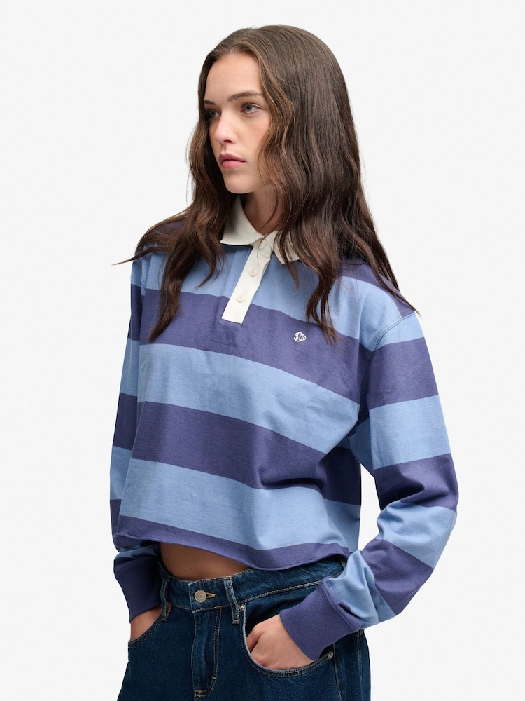 Superdry Blue Ath Ess Cropped Stripe Rugby Shirt - Image 1 of 8