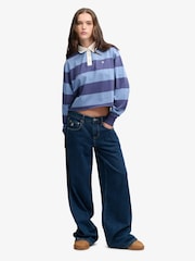 Superdry Blue Ath Ess Cropped Stripe Rugby Shirt - Image 3 of 8