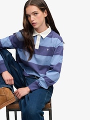 Superdry Blue Ath Ess Cropped Stripe Rugby Shirt - Image 4 of 8