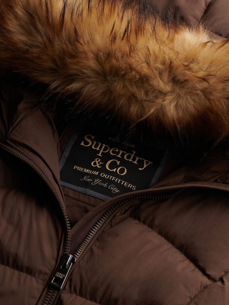 Superdry Brown Hood Faux Fur Fuji Mid Length Jacket - Image 8 of 8