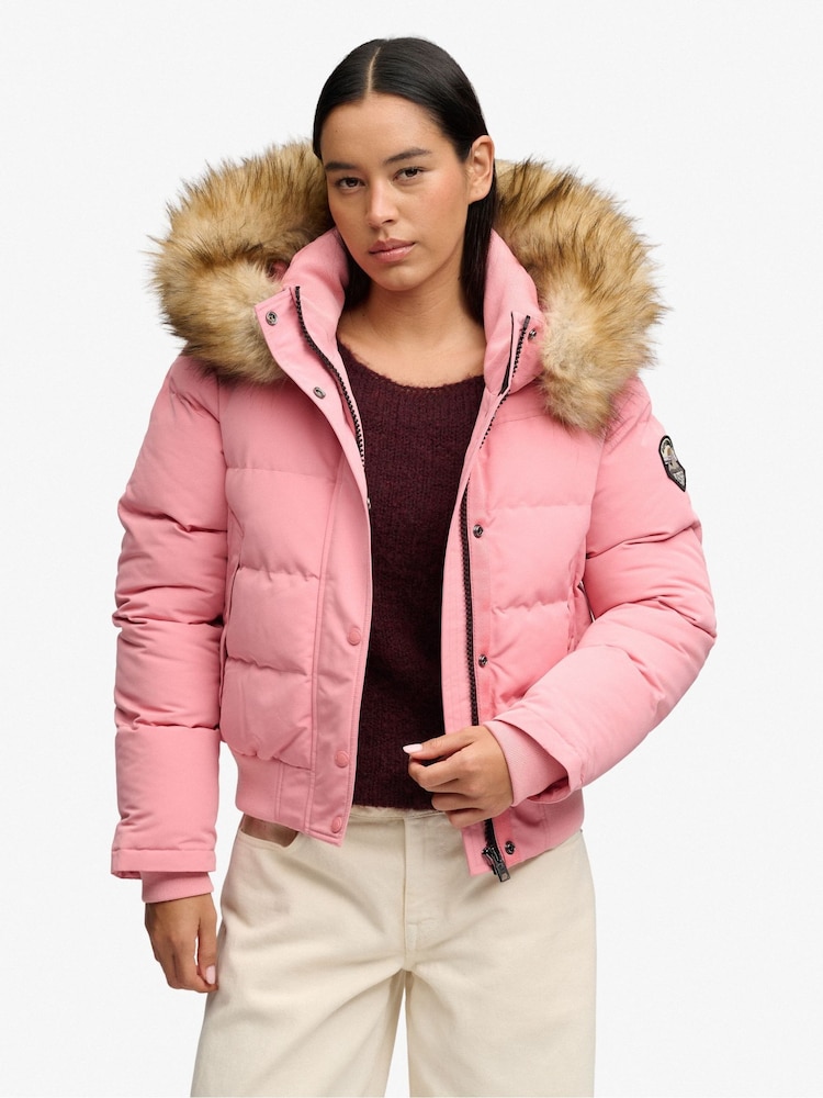 Superdry Pink Everest Hooded Bomber Jacket - Image 1 of 7 Superdry Pink Everest Hooded Bomber Jacket - Image 1 of 7