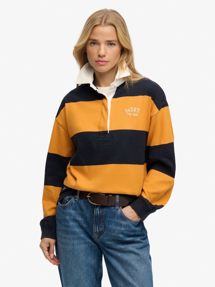 Superdry Navy Blue & Yellow Stripe Heritage Stripe Rugby Top - Image 1 of 5