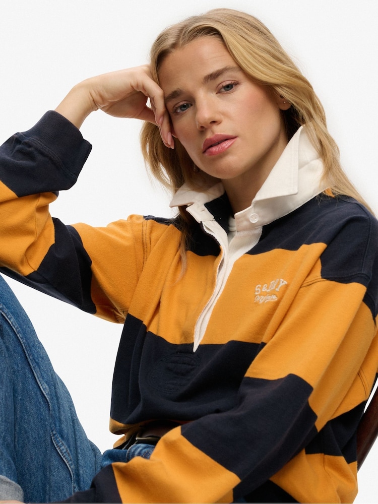 Superdry Navy Blue & Yellow Stripe Heritage Stripe Rugby Top - Image 5 of 5