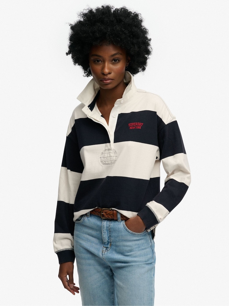 Superdry Navy Blue & White Stripe Heritage Stripe Rugby Top - Image 1 of 3