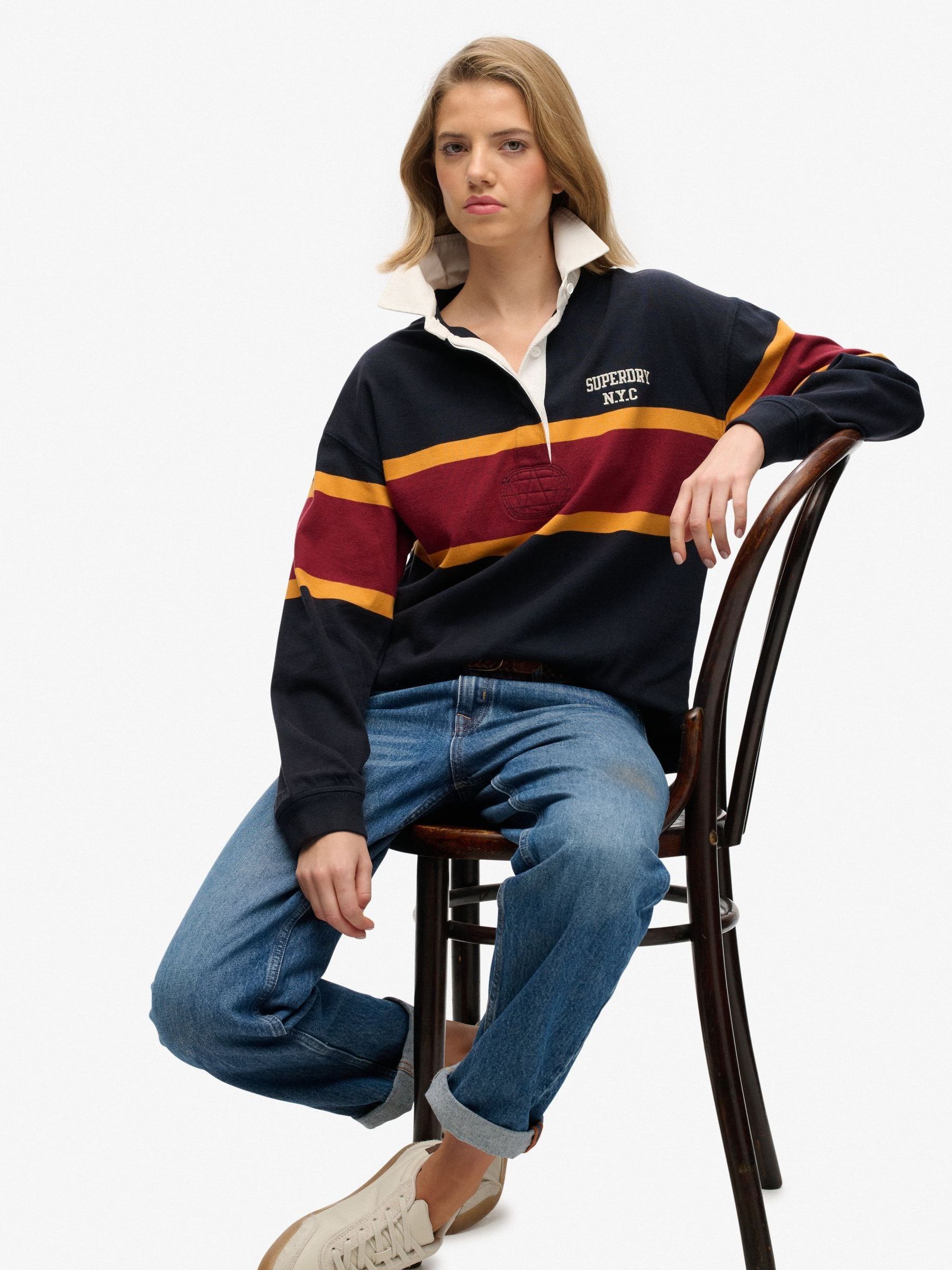 Superdry Women's Navy & Red Stripe Heritage Stripe Rugby Shirt - Image 1