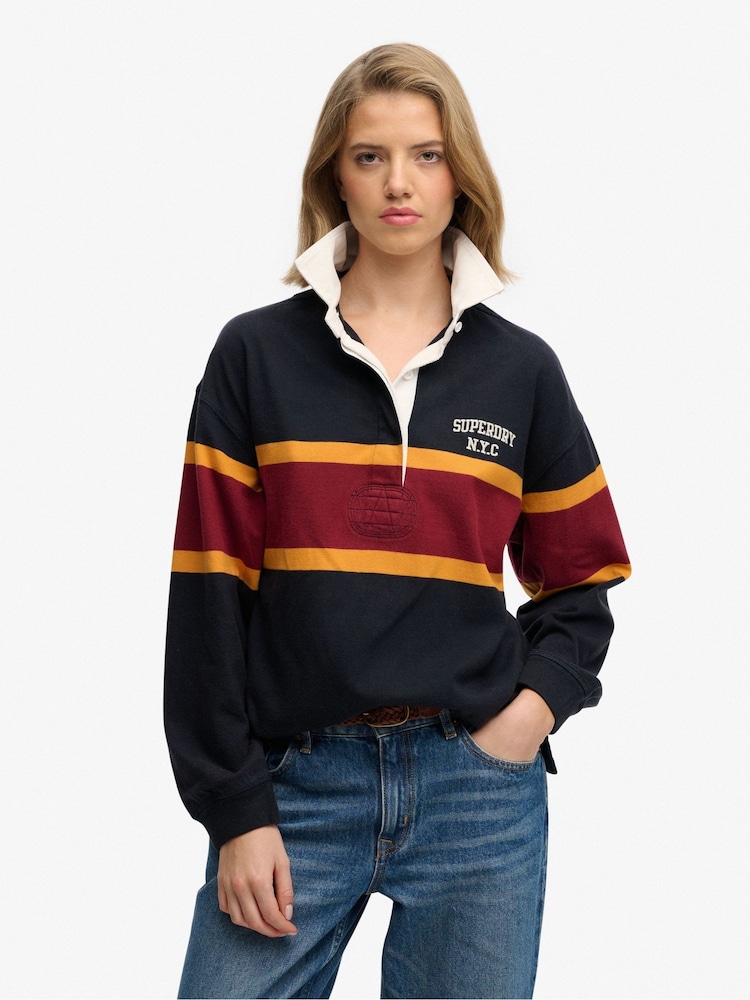 Superdry Navy & Red Stripe Heritage Stripe Rugby Top - Image 1 of 6