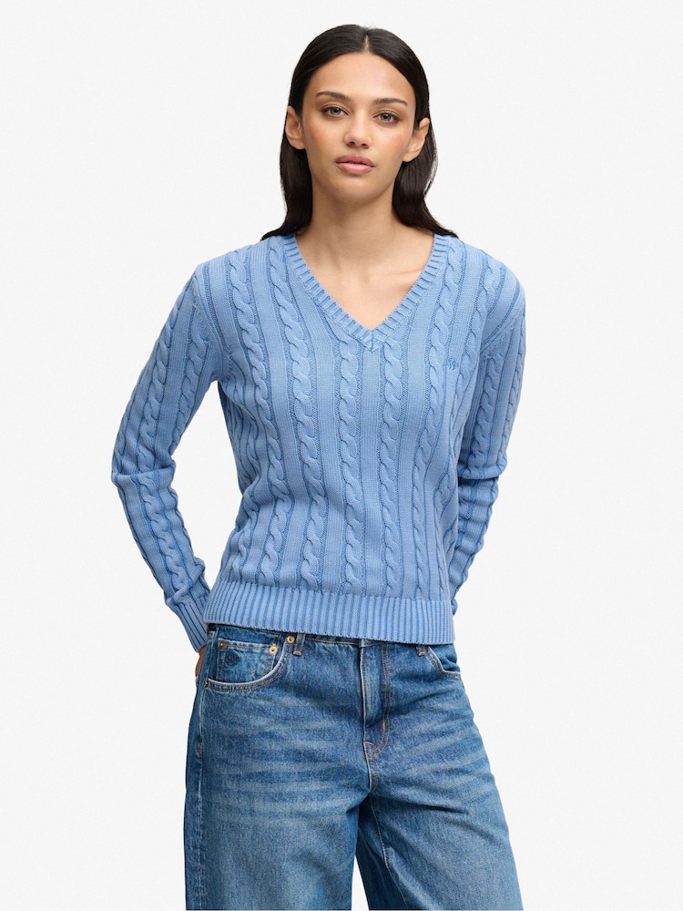 Superdry Washed V Neck Cable Jumper - Imagen 1 de 5