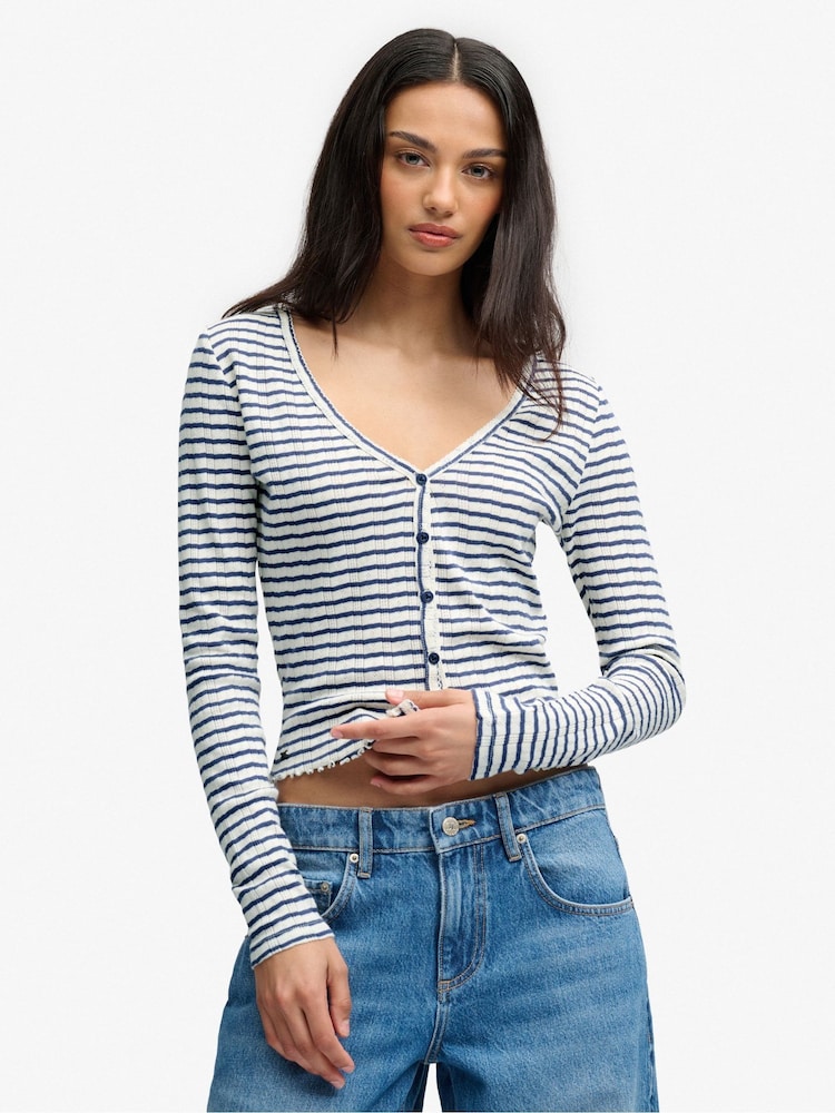 Superdry Blue Stripe Athletic Essential Pointelle Cardigan - Image 1 of 6