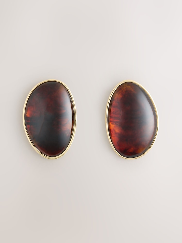 Tortoiseshell Brown Resin Oval Stud Earrings - Image 1 of 3