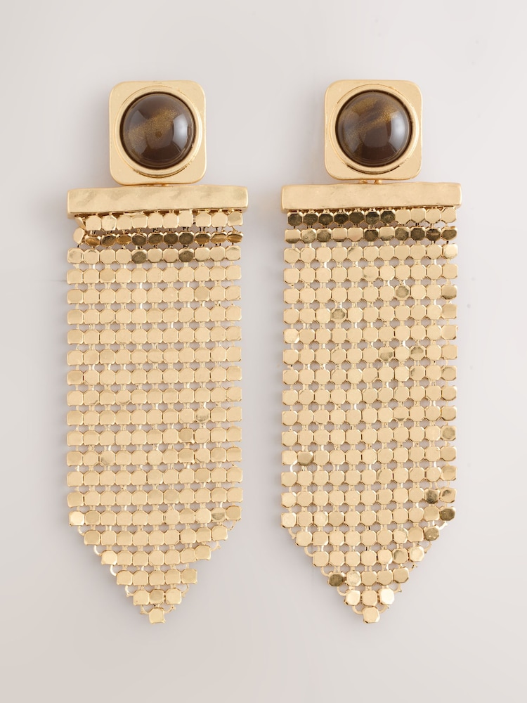 Gold Tone/ Brown Resin Chainmail Drop Earrings - Image 1 of 3 Gold Tone/ Brown Resin Chainmail Drop Earrings - Image 1 of 3