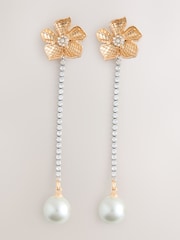 Gold Tone Flower Sparkle Pearl Effect Drop Statement Earring - Image 1 of 3