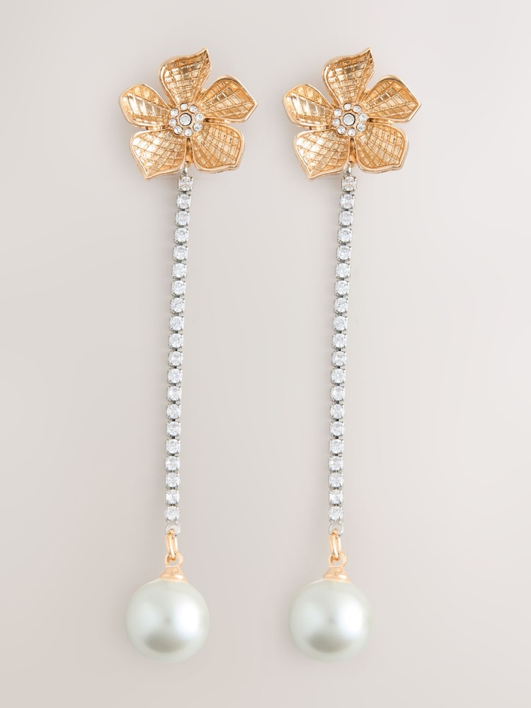 Gold Tone Flower Sparkle Pearl Effect Drop Statement Earring - Image 1 of 3 Gold Tone Flower Sparkle Pearl Effect Drop Statement Earring - Image 1 of 3