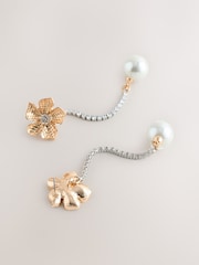 Gold Tone Flower Sparkle Pearl Effect Drop Statement Earring - Image 2 of 3