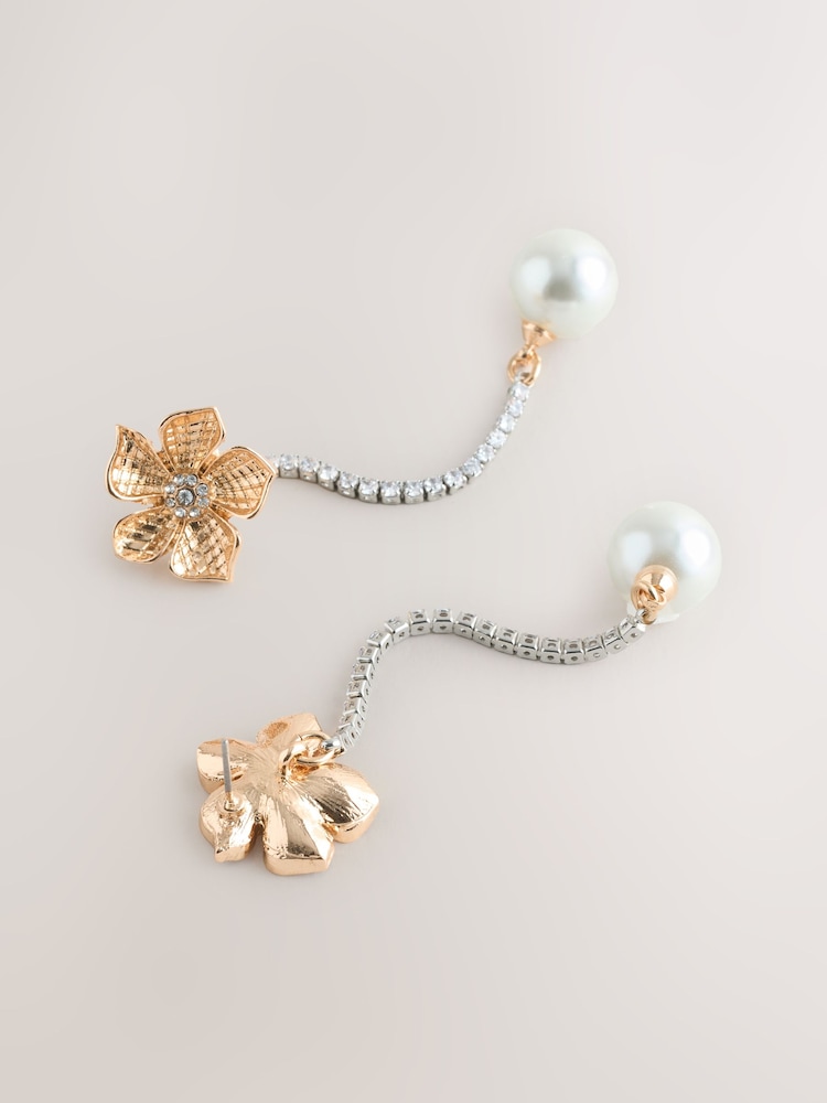Gold Tone Flower Sparkle Pearl Effect Drop Statement Earring - Image 2 of 3 Gold Tone Flower Sparkle Pearl Effect Drop Statement Earring - Image 2 of 3