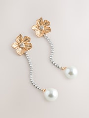 Gold Tone Flower Sparkle Pearl Effect Drop Statement Earring - Image 3 of 3