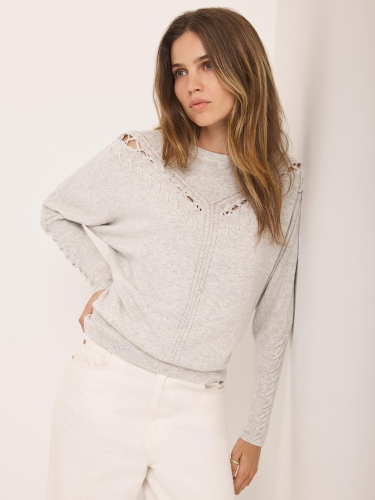 Mint Velvet Grey Cotton Blend Stitch Detail Jumper - Image 1 of 7 Mint Velvet Grey Cotton Blend Stitch Detail Jumper - Image 1 of 7