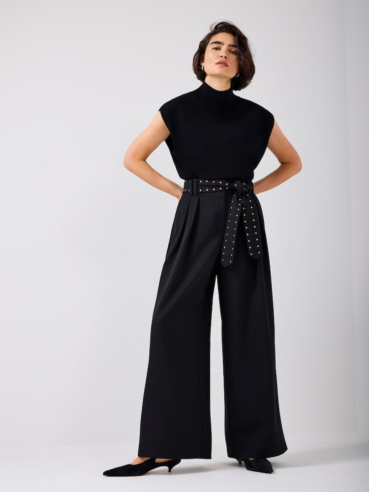 Mint Velvet Black Belted Wide Trousers - Image 1 of 8