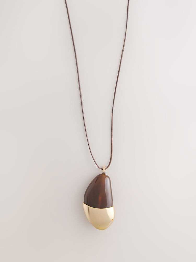 Gold Tone / Brown Resin Pendant Cord Long Necklace - Image 1 of 3