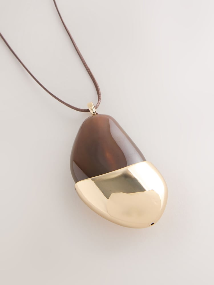 Gold Tone / Brown Resin Pendant Cord Long Necklace - Image 2 of 3